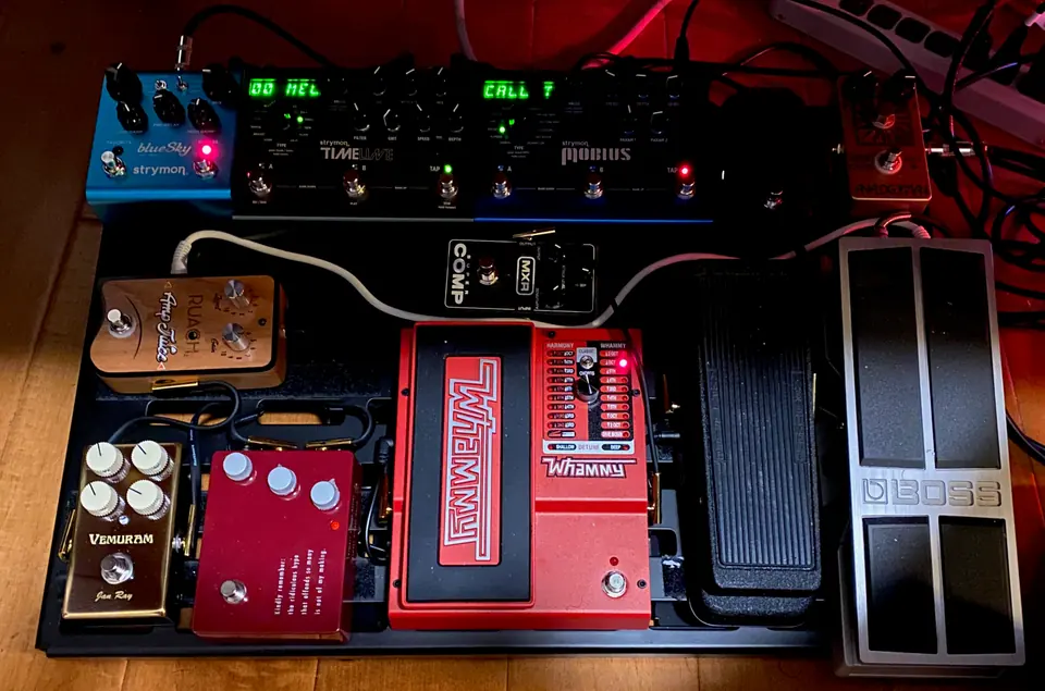 Pedal board with fuzz, overdrive and compressor pedals