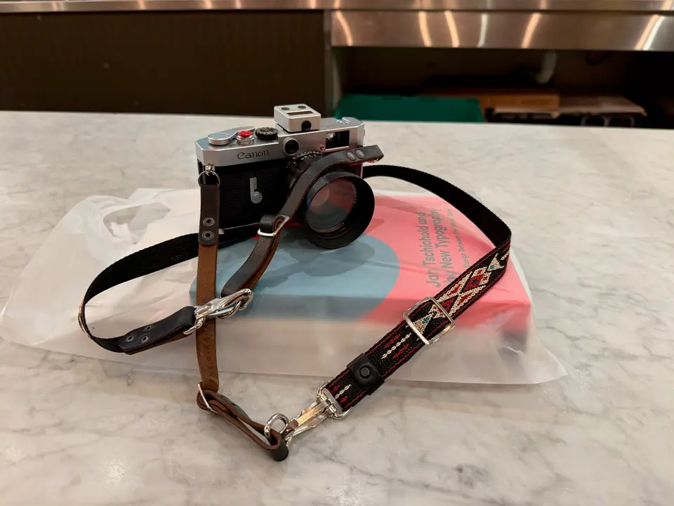 Chrome Canon P rangefinder with a black Voigtlander Nokton lens and a clip-on meter in the cold shoe, two straps coiled around it, resting on a book about Jan Tschichold on a marble counter